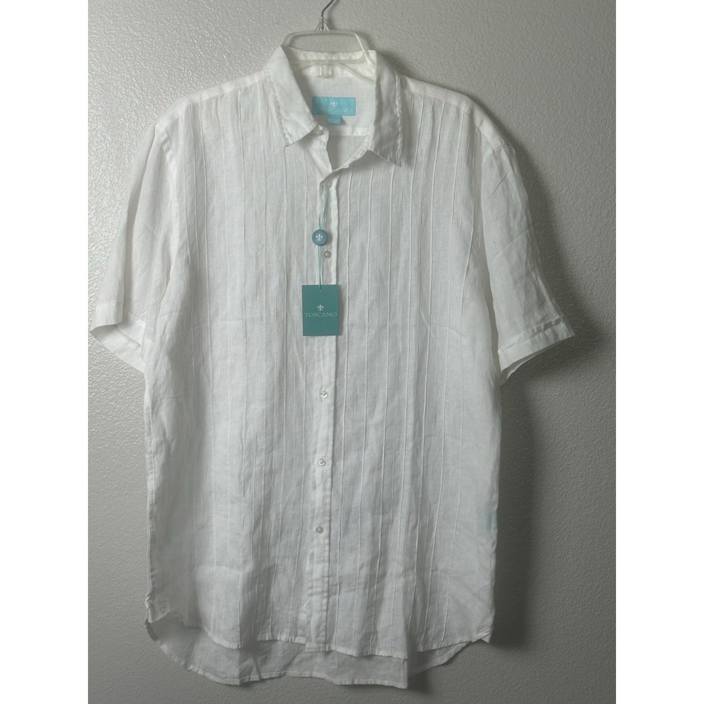 TOSCANO Mens sz. L White 100% Linen Button Down Short Sleeve Shirt Wedding Aloha